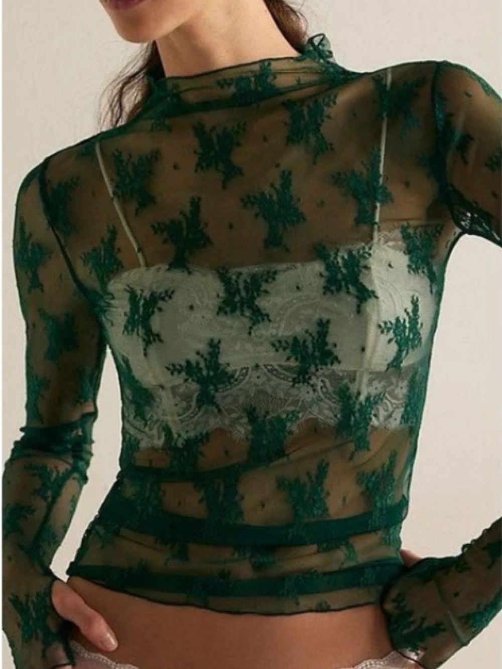 Free People lady lux evergreen Sheer Embroidered Long Sleeve Top